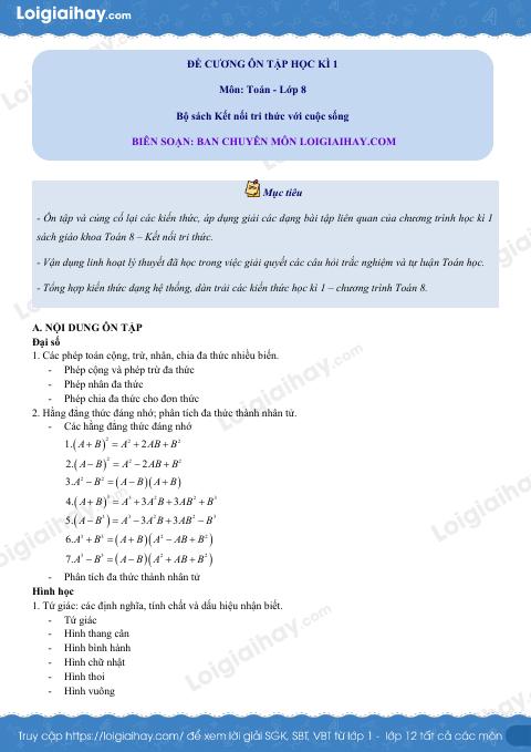 Đề cương ôn tập HK1 Toán 8 Kết nối tri thức có đáp án